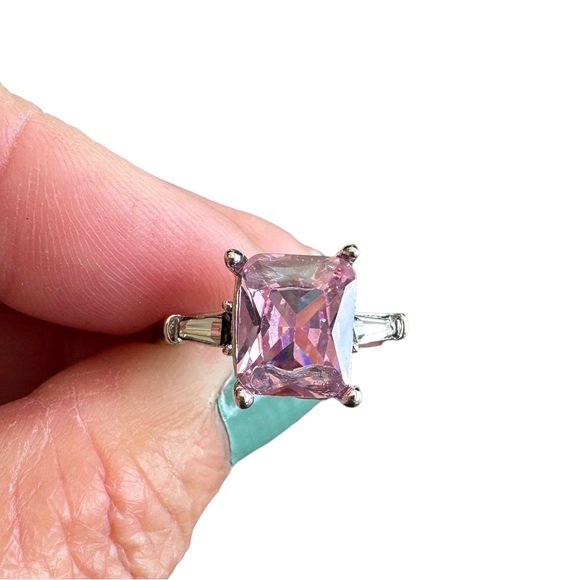 Pink Rectangular Center Stone with Rhinestone Baguettes - Picture 2 of 8